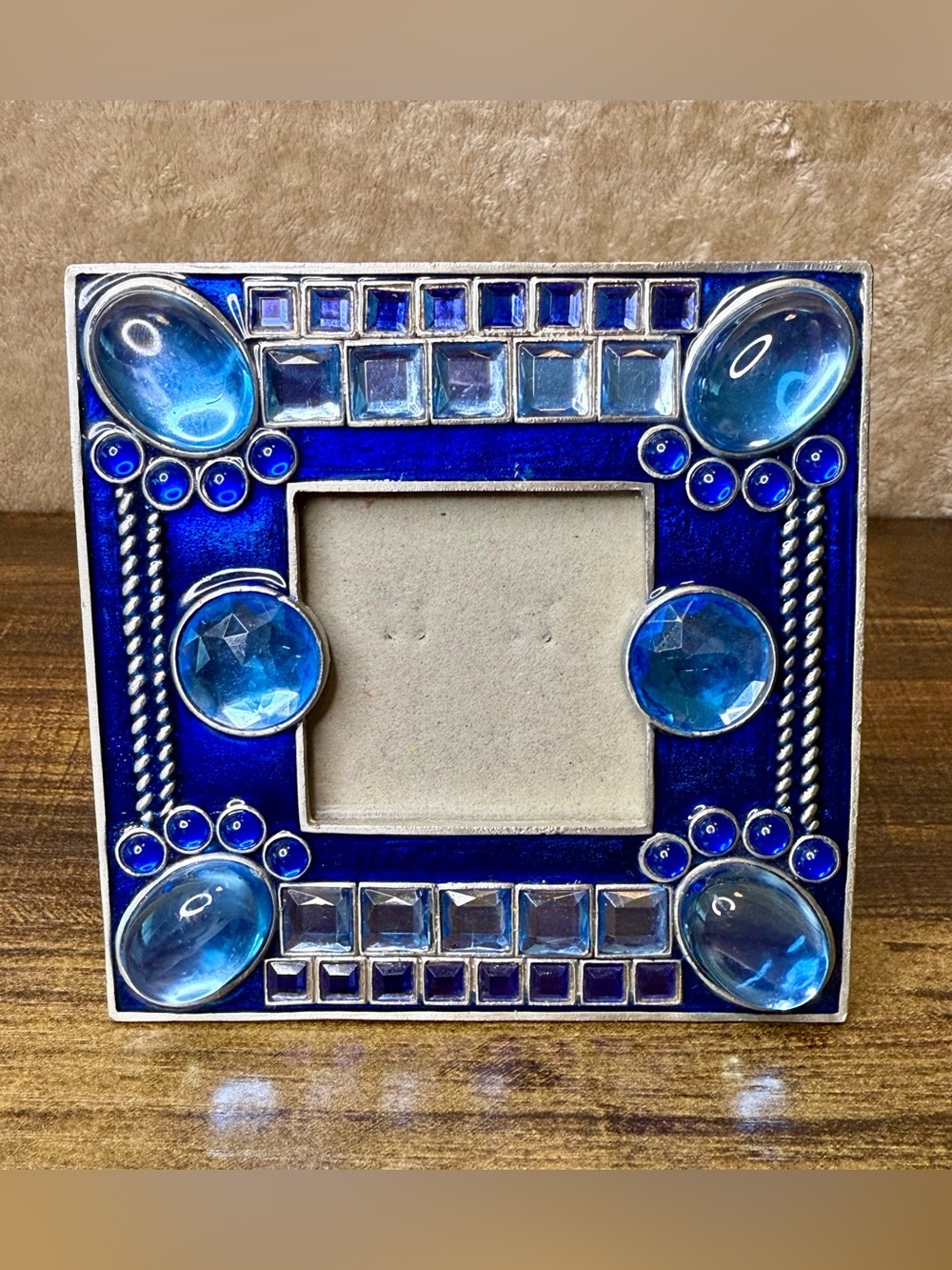 Y2K Ornate Jewel Blue Enamel Pewter Picture Frame 2x2 Photo Funky 90s Whimsigoth